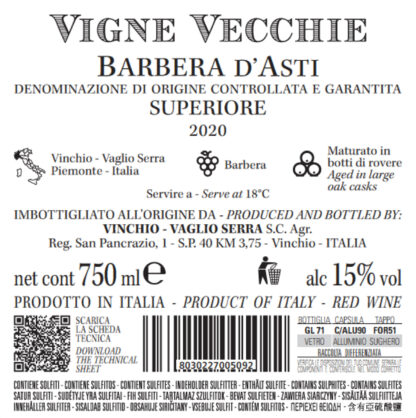 Vinchio Vaglio Vigne Vecchie Barbera D'asti Superiore DOCG 2020' 75 cl 15% vol - Image 3
