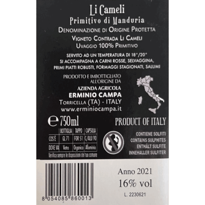 Erminio Campa Li Cameli Primitivo di Manduria DOP 2021' 75cl 16% vol - Image 2